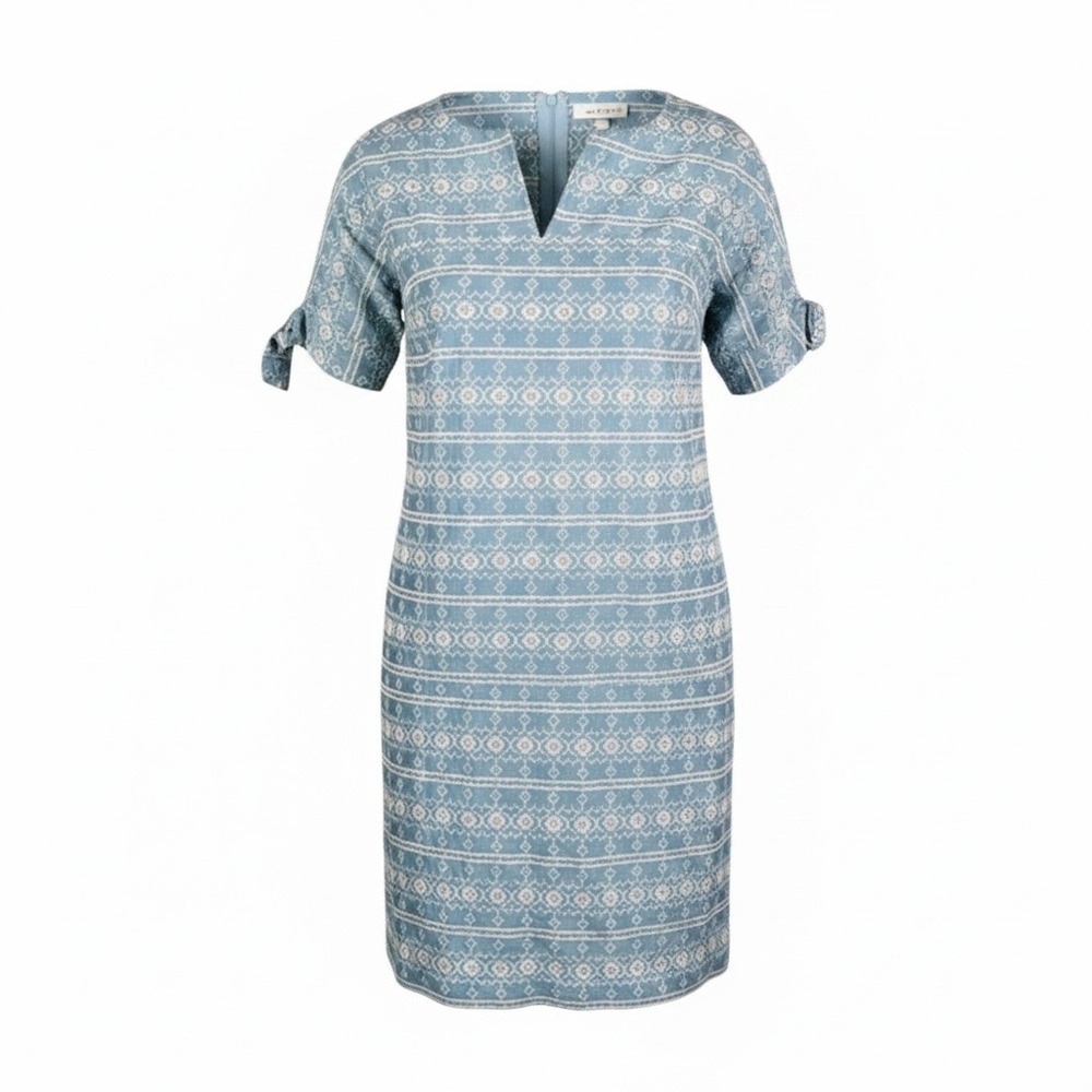 Madewell Dress Womens Small Blue Embroidery Shift Tie Short Sleeve Pocket Cotton